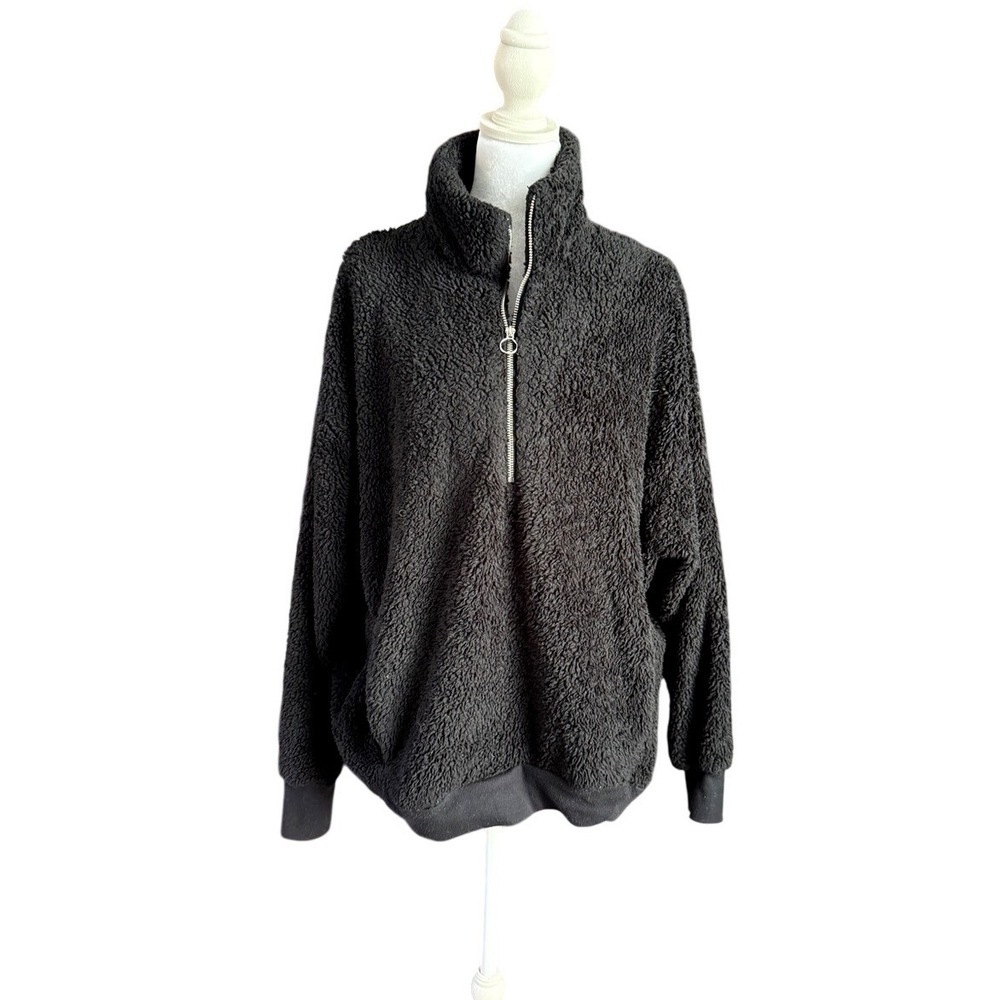 Express Y2K Black Sherpa Fleece Half Zip Sweatshirt M Cozy Oversized Gorpcore